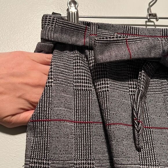 Love Tree Women's Gray Red Plaid Belted High Rise Pants - Picture 3 of 7